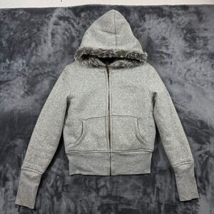 Fusion Denim Zip Up Hoodie Womens Medium Gray Faux Fur Lined Y2K Sweatshirt